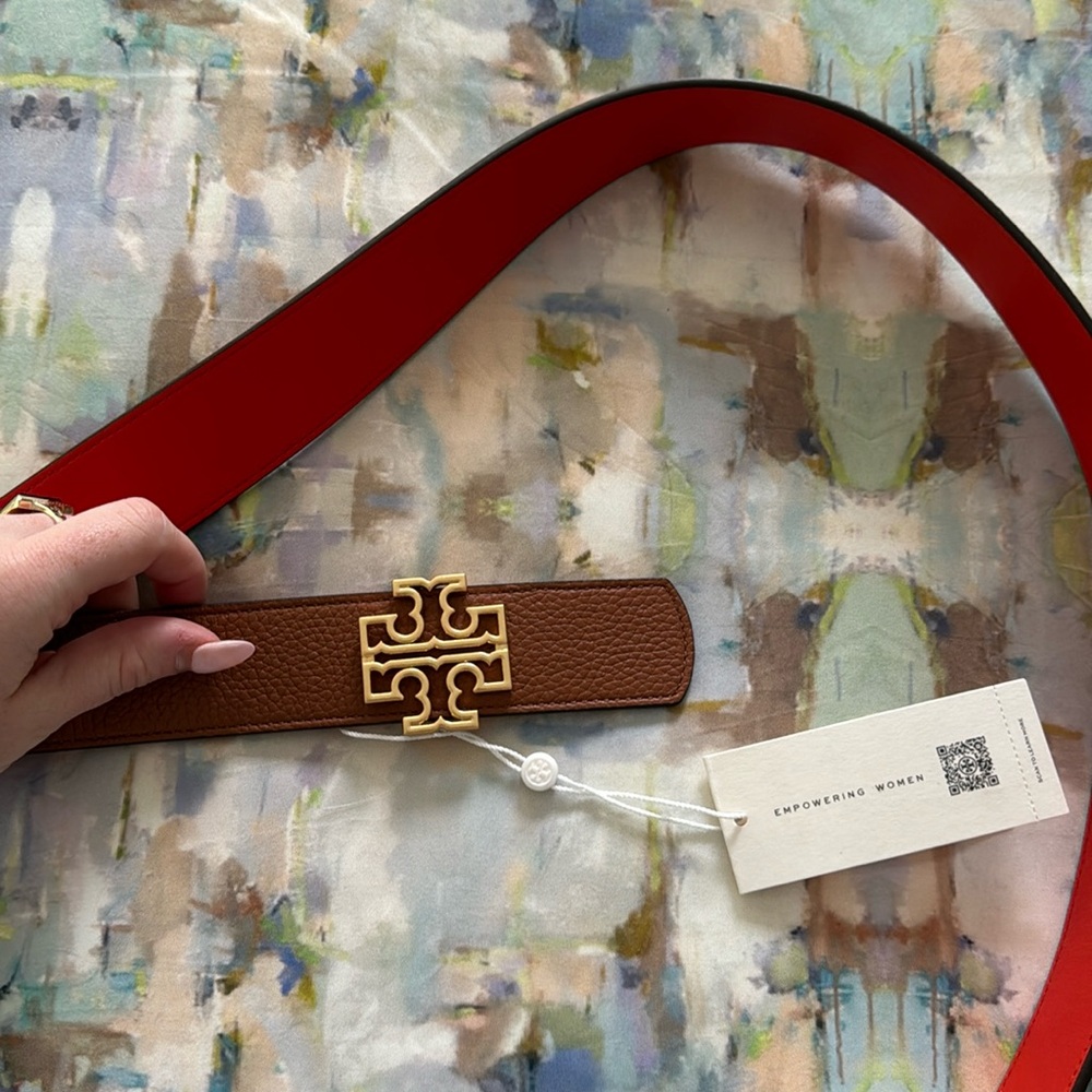 Reversible Britten logo belt 1 1/2 inch classic tan/poppy red size small